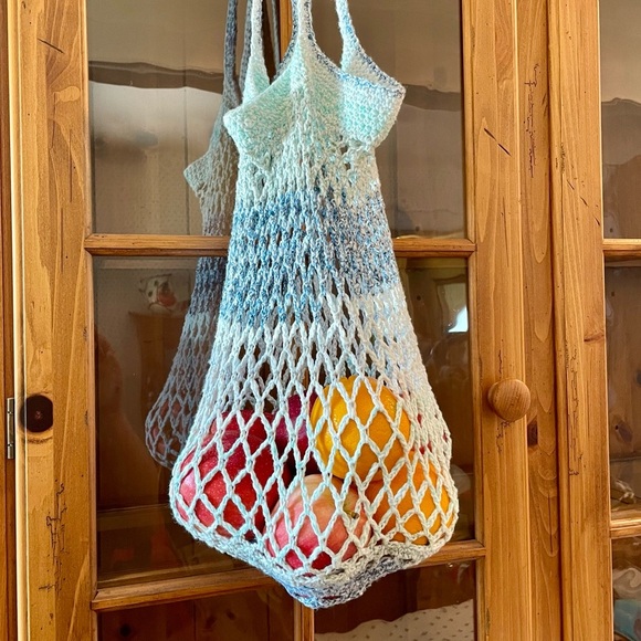 NEW! Handcrafted Crochet 100% Cotton Packable Tote Bag & Pouch - Blue/Green - Picture 9 of 16